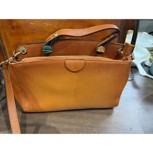 Cognac Brown Pebbled Vegan Leather Triple Compartment Satchel Crossbody Bag